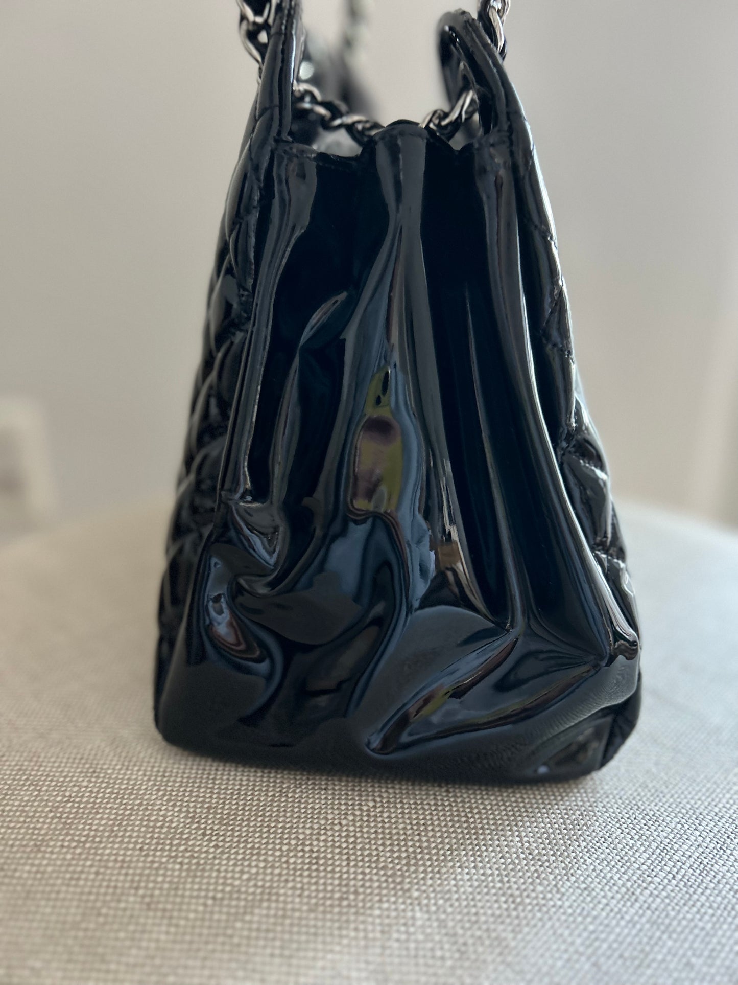 Chanel Quilted Patent Leather Just Mademoiselle Large Bowling Bag In Black