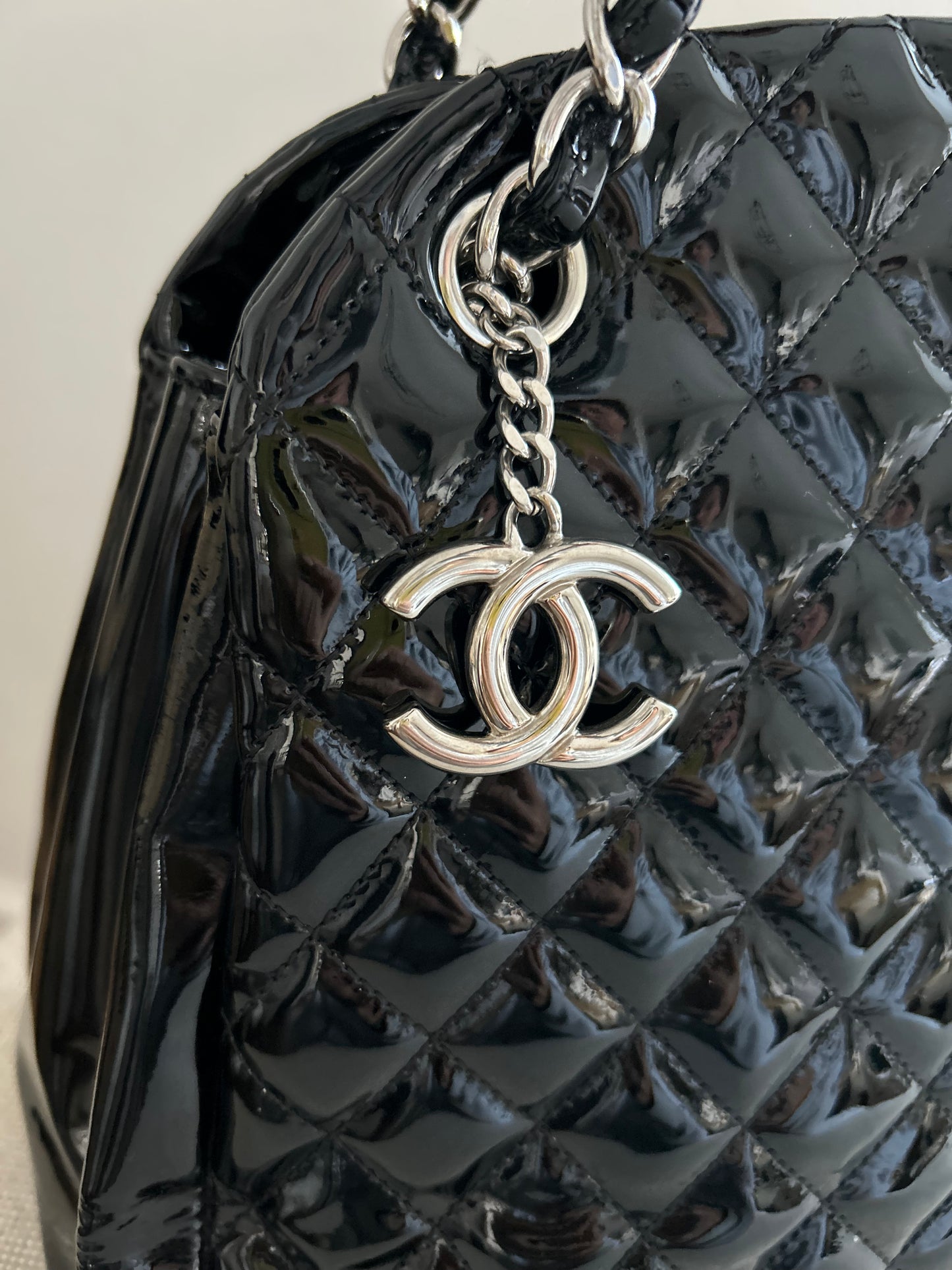 Chanel Quilted Patent Leather Just Mademoiselle Large Bowling Bag In Black