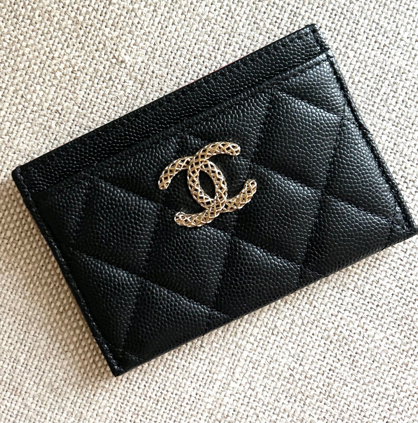 Chanel Caviar Card Holder with Champagne Color Hardware
