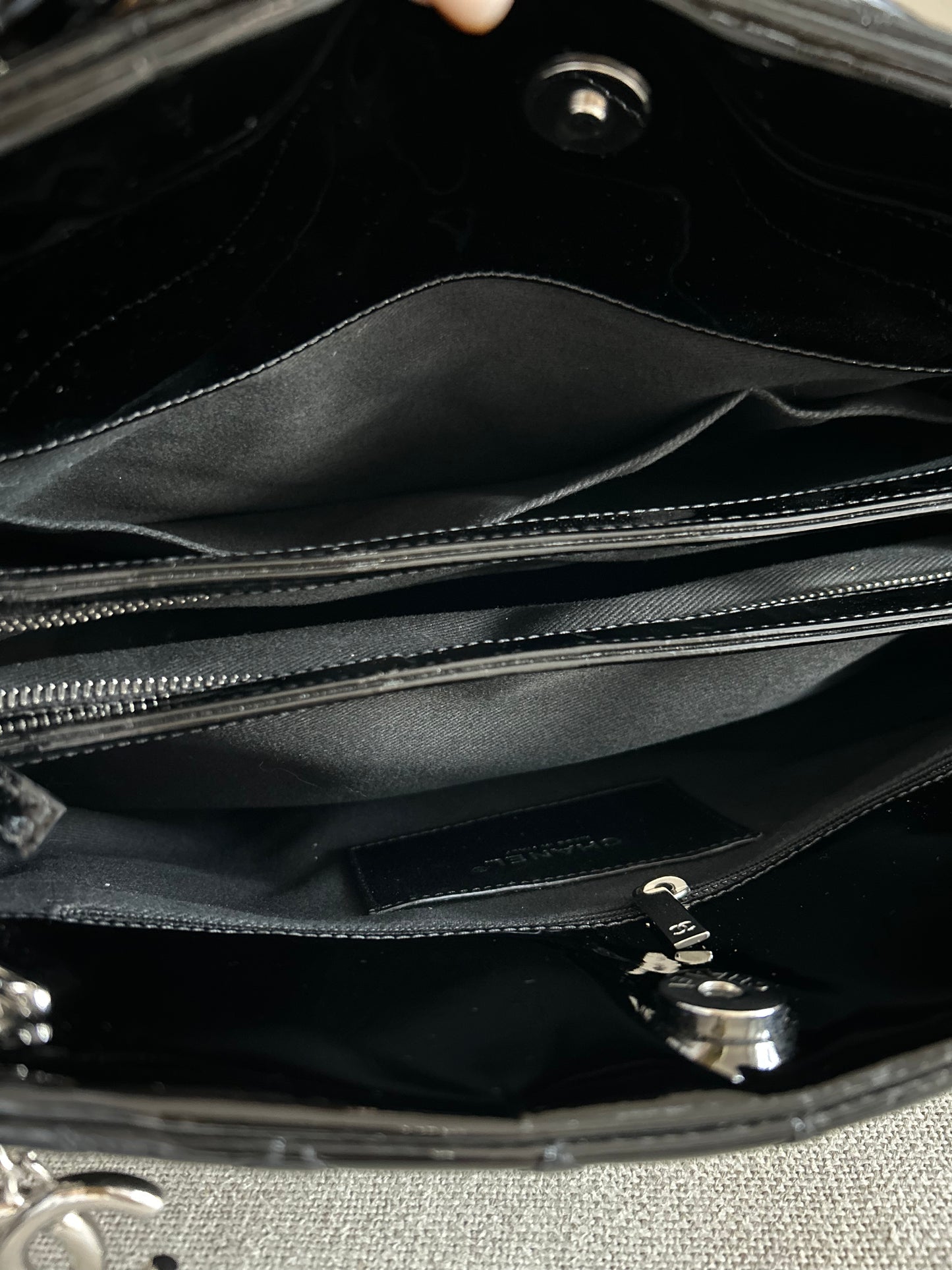 Chanel Quilted Patent Leather Just Mademoiselle Large Bowling Bag In Black