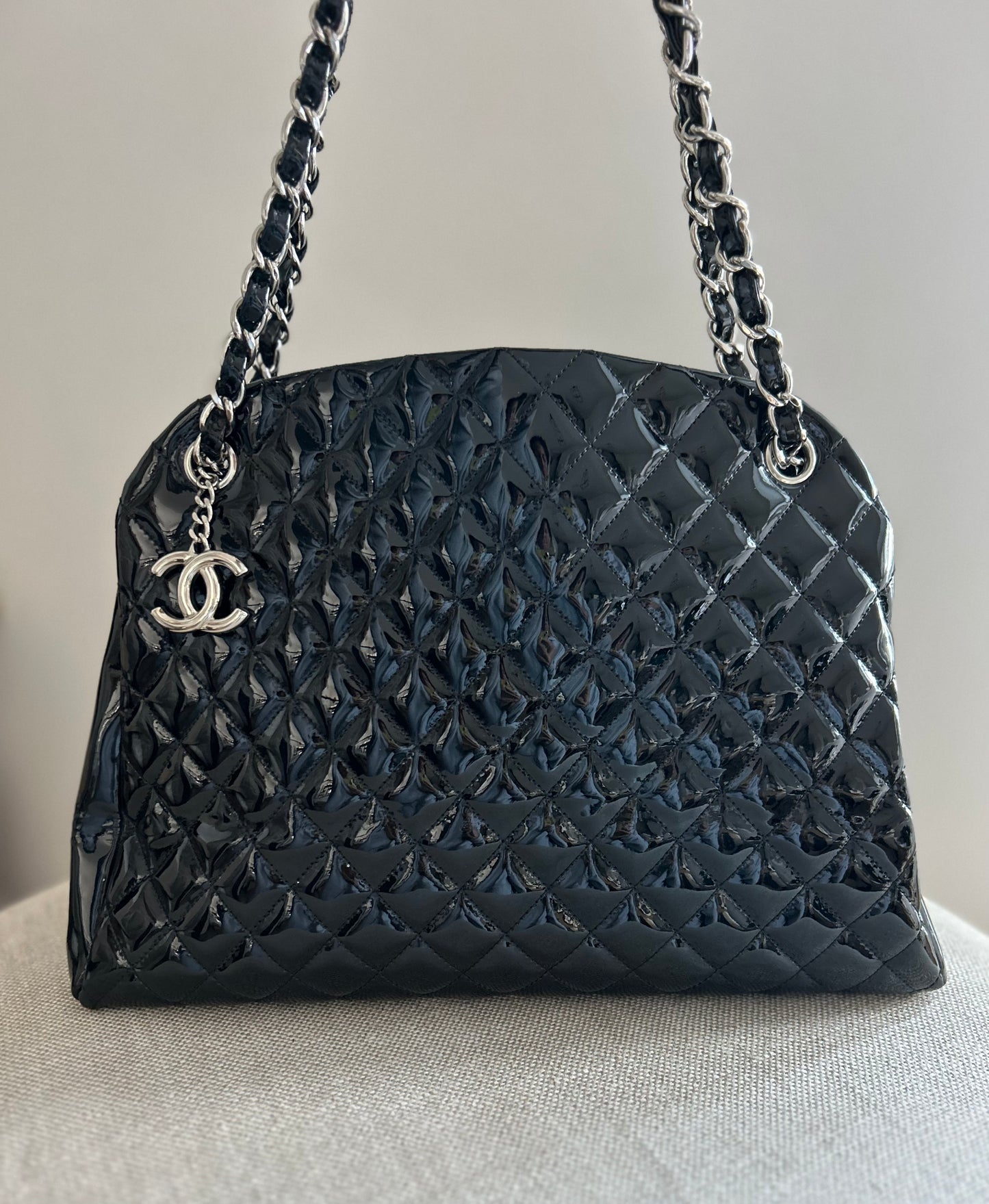 Chanel Quilted Patent Leather Just Mademoiselle Large Bowling Bag In Black