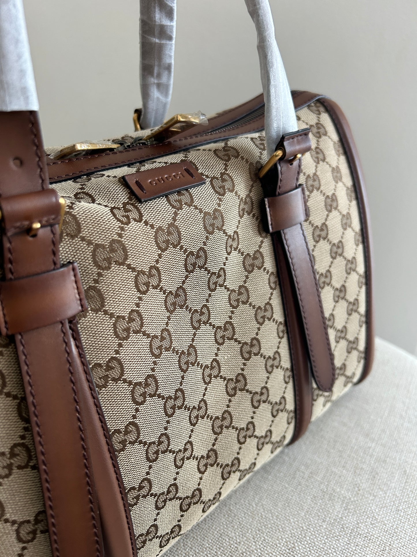 Gucci Monogram Medium Lady Web Boston Bag Beige Cuir