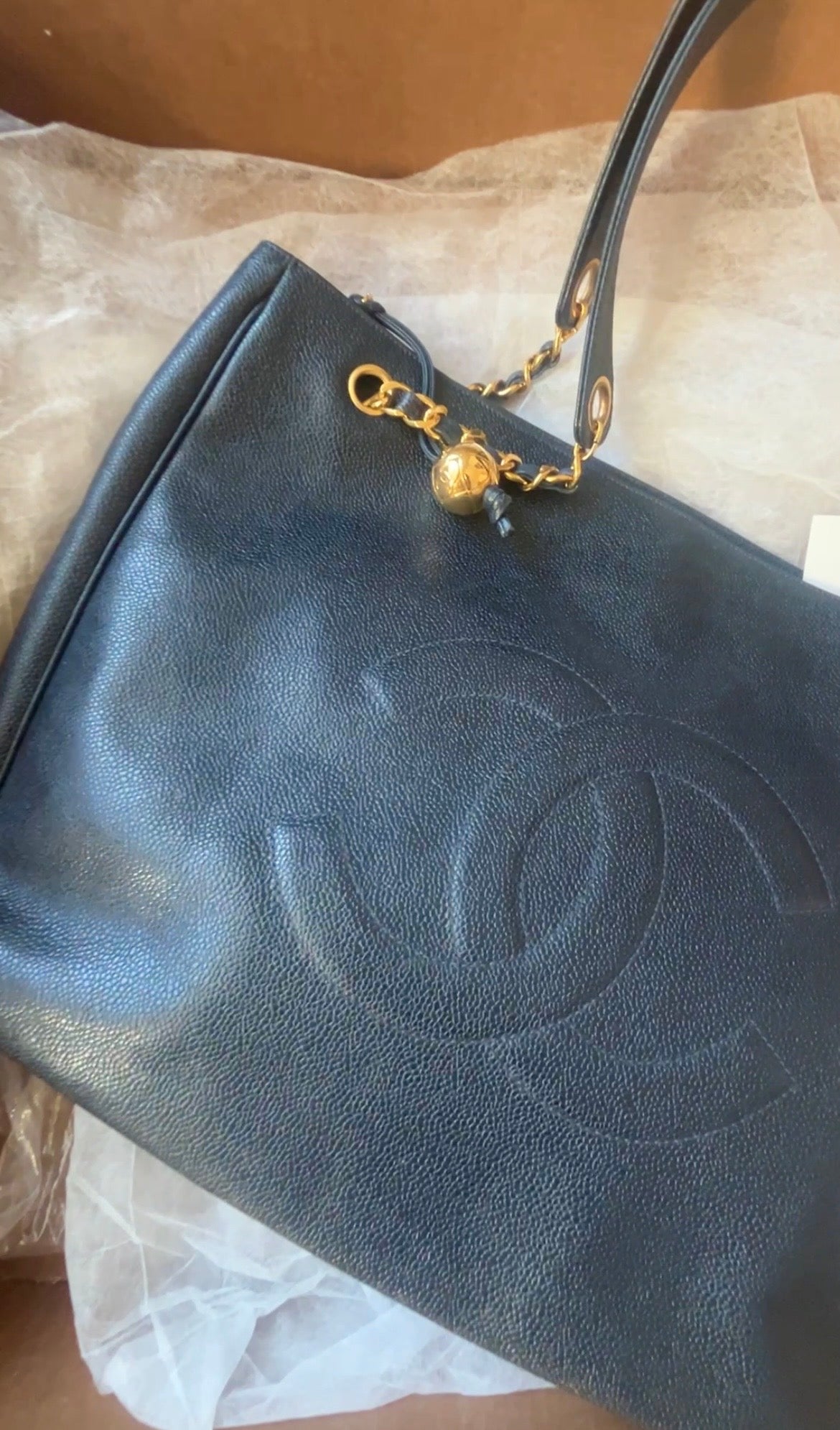 Chanel Vintage CC Logo Caviar
Tote - Rare Dark Navy / Midnight Blue - Gold Hardware - Circa 1994-1996