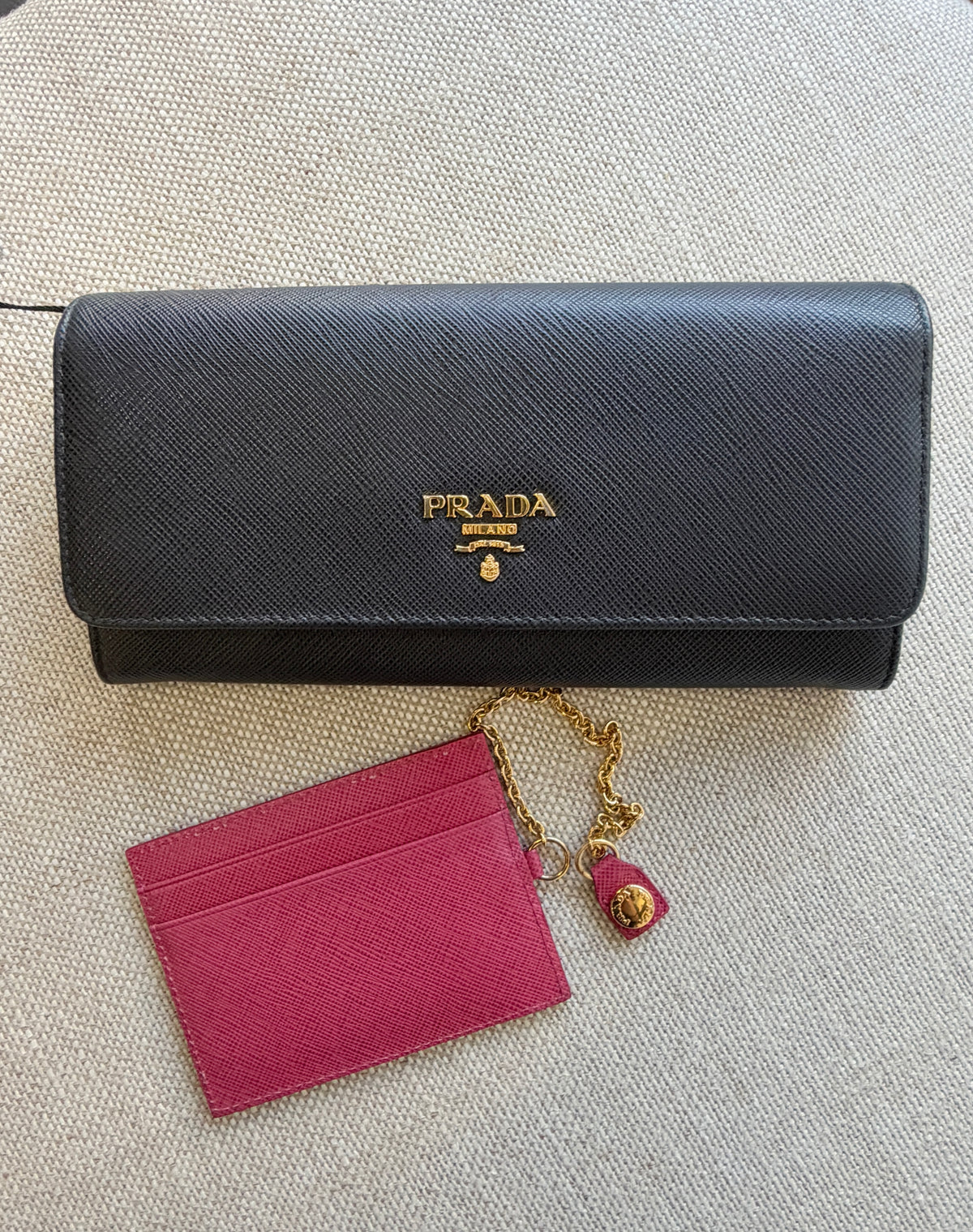 Prada Saffiano Leather Continental Wallet Black + Detachable ID Holder. With original box