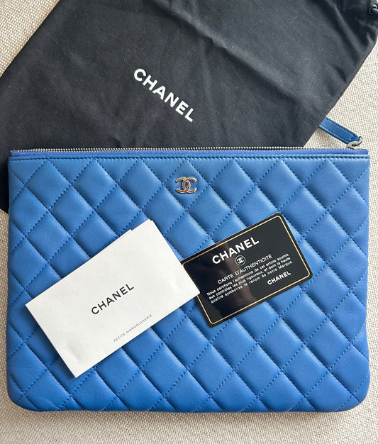 Chanel Lambskin Quilted Medium Clutch / Pouch Case Blue