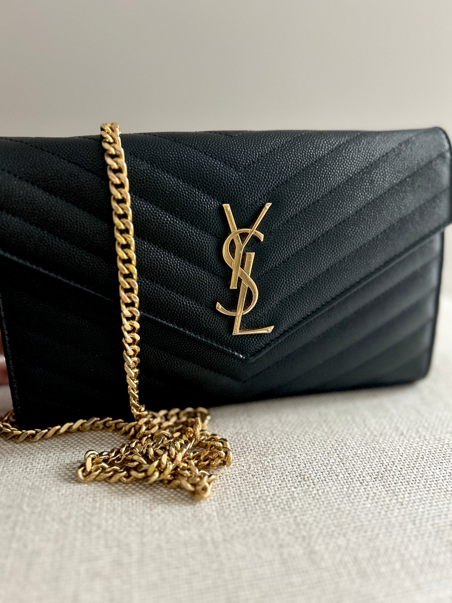 YSL Monogram Large Wallet on Chain in Grained Leather