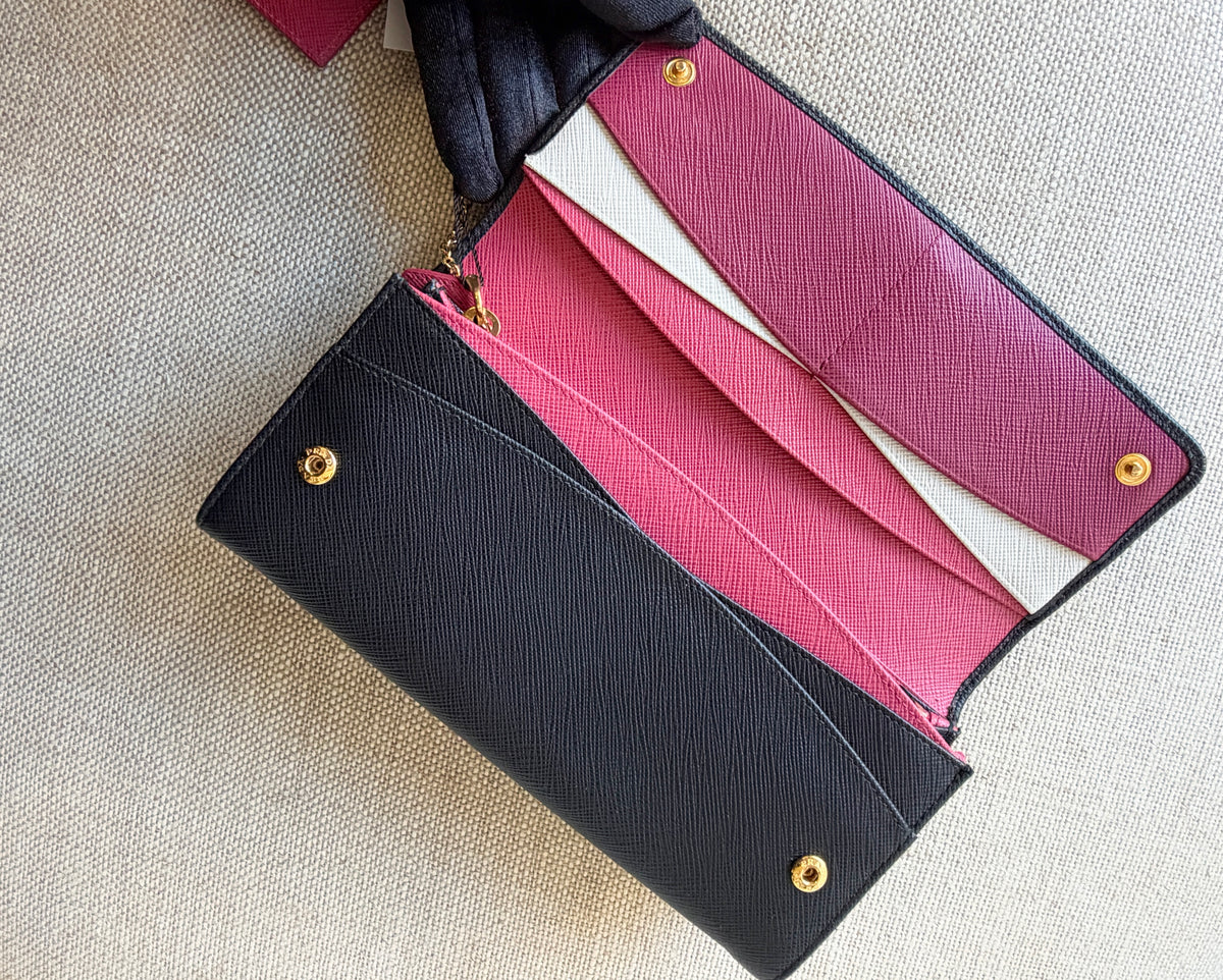 Prada Saffiano Leather Continental Wallet Black + Detachable ID Holder. With original box