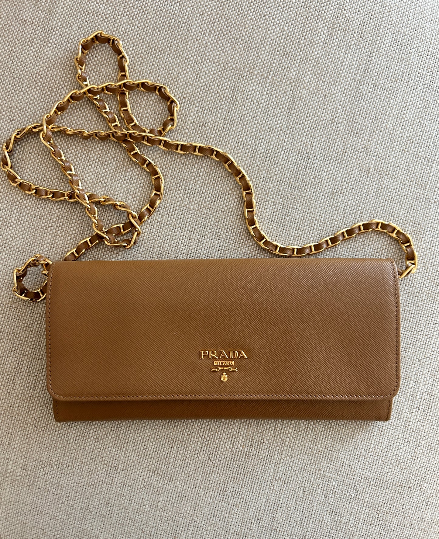 Prada Saffiano Metal Oro Chain Wallet Caramel