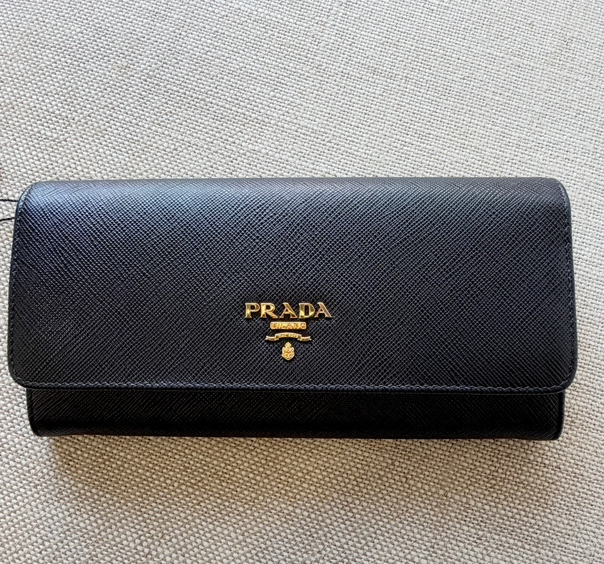 Prada Saffiano Leather Continental Wallet Black + Detachable ID Holder. With original box