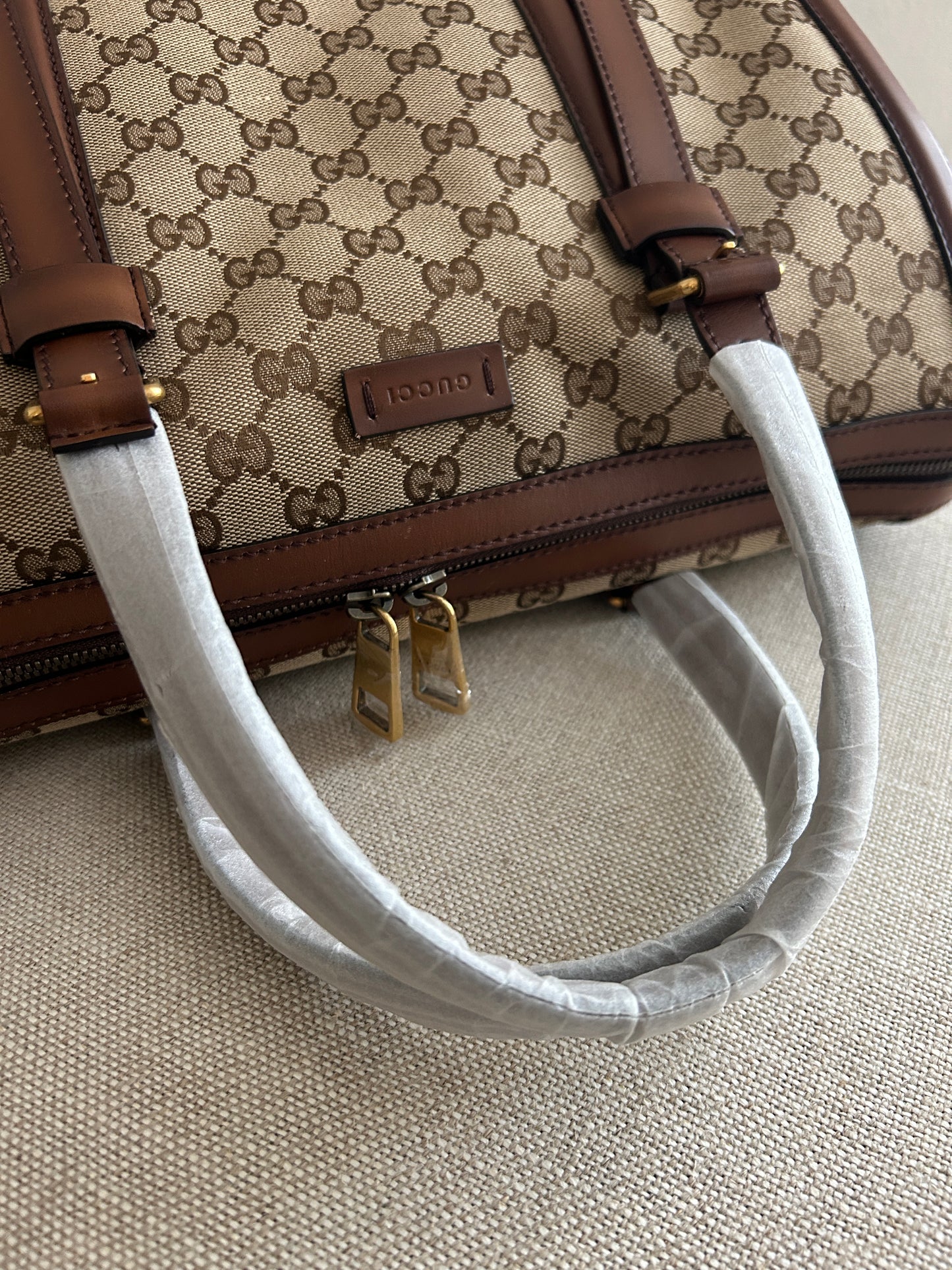 Gucci Monogram Medium Lady Web Boston Bag Beige Cuir