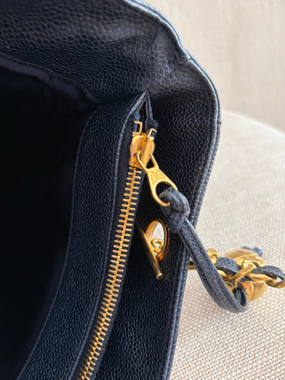 Chanel Vintage CC Logo Caviar
Tote - Rare Dark Navy / Midnight Blue - Gold Hardware - Circa 1994-1996