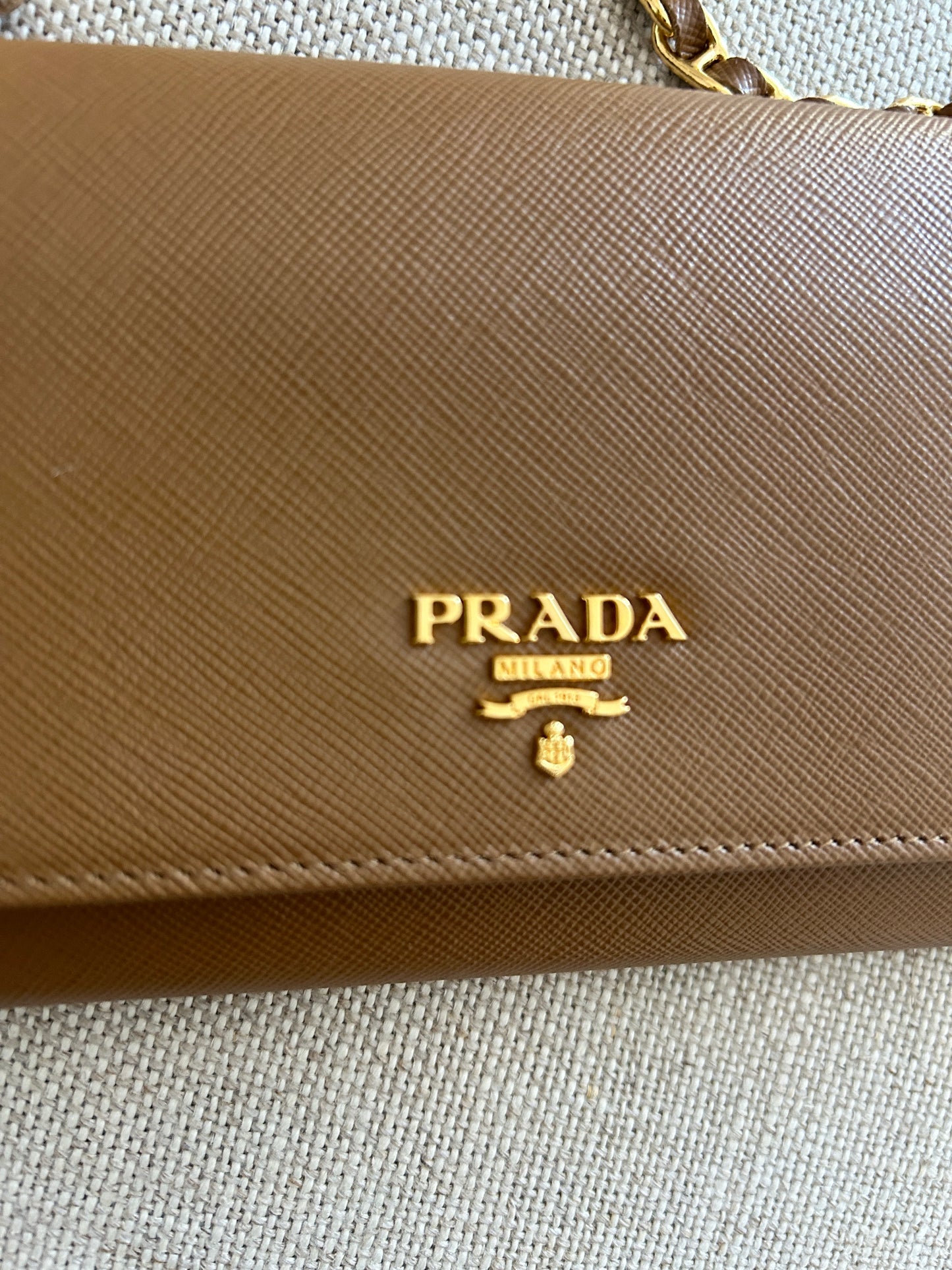 Prada Saffiano Metal Oro Chain Wallet Caramel