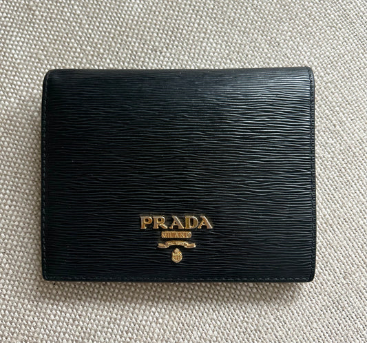 Prada Black Vitello Move Leather Logo Bifold Compact Wallet