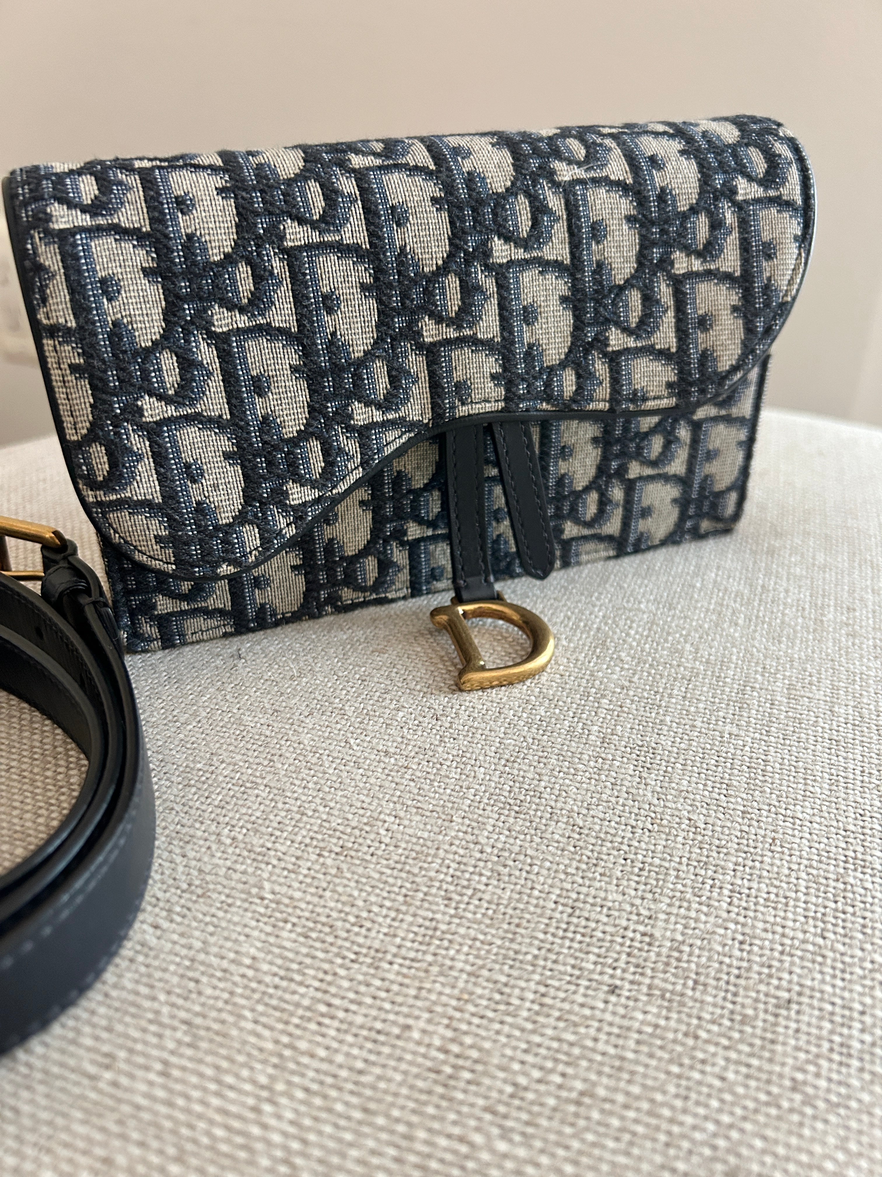Dior★Dior Oblique Canvas Saddle Belt Bag Blue Christian Dior Saddle Rectangular Belt Bag Oblique Canvas