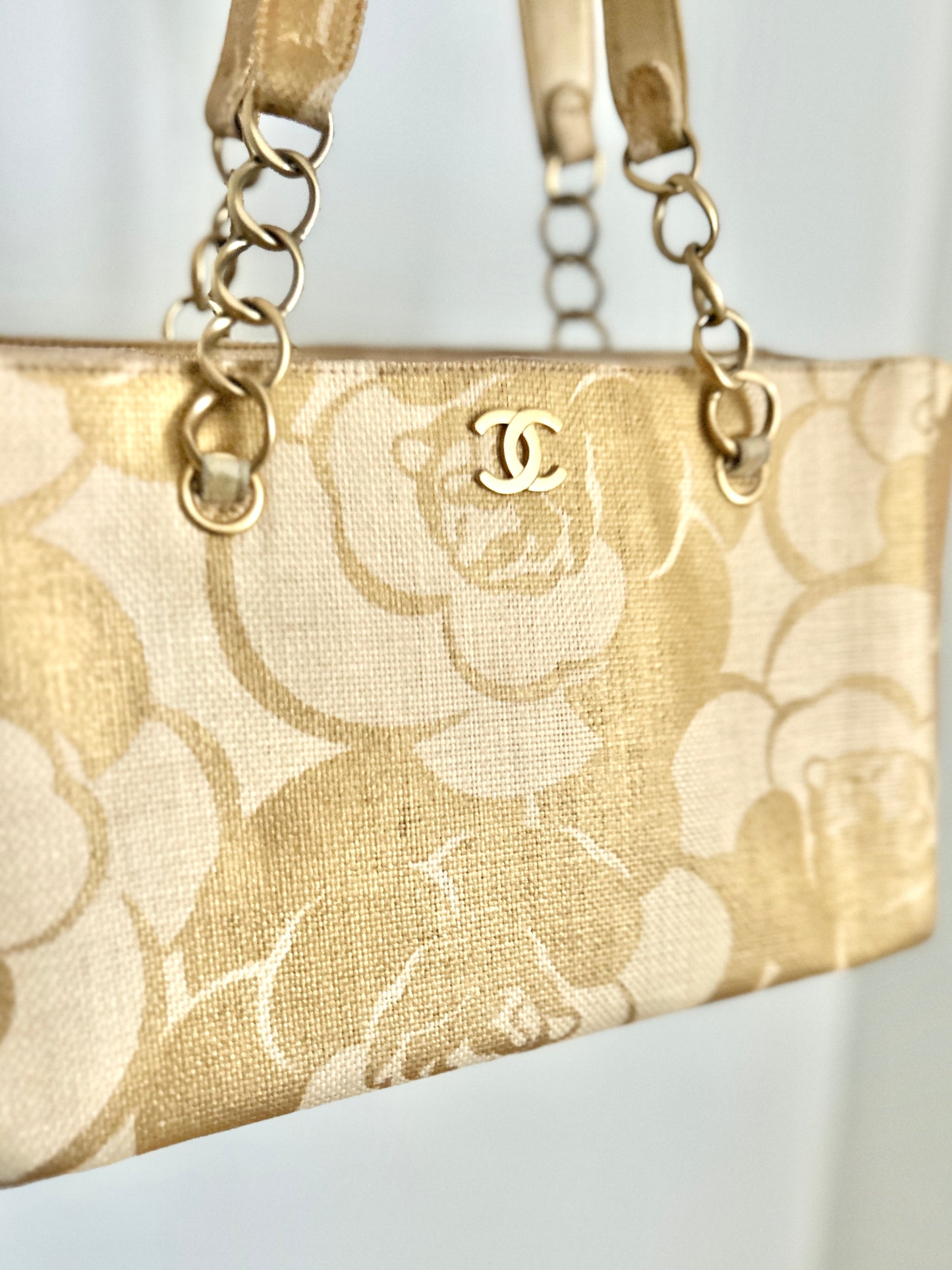 Chanel Gold Tweed Camelia Tote