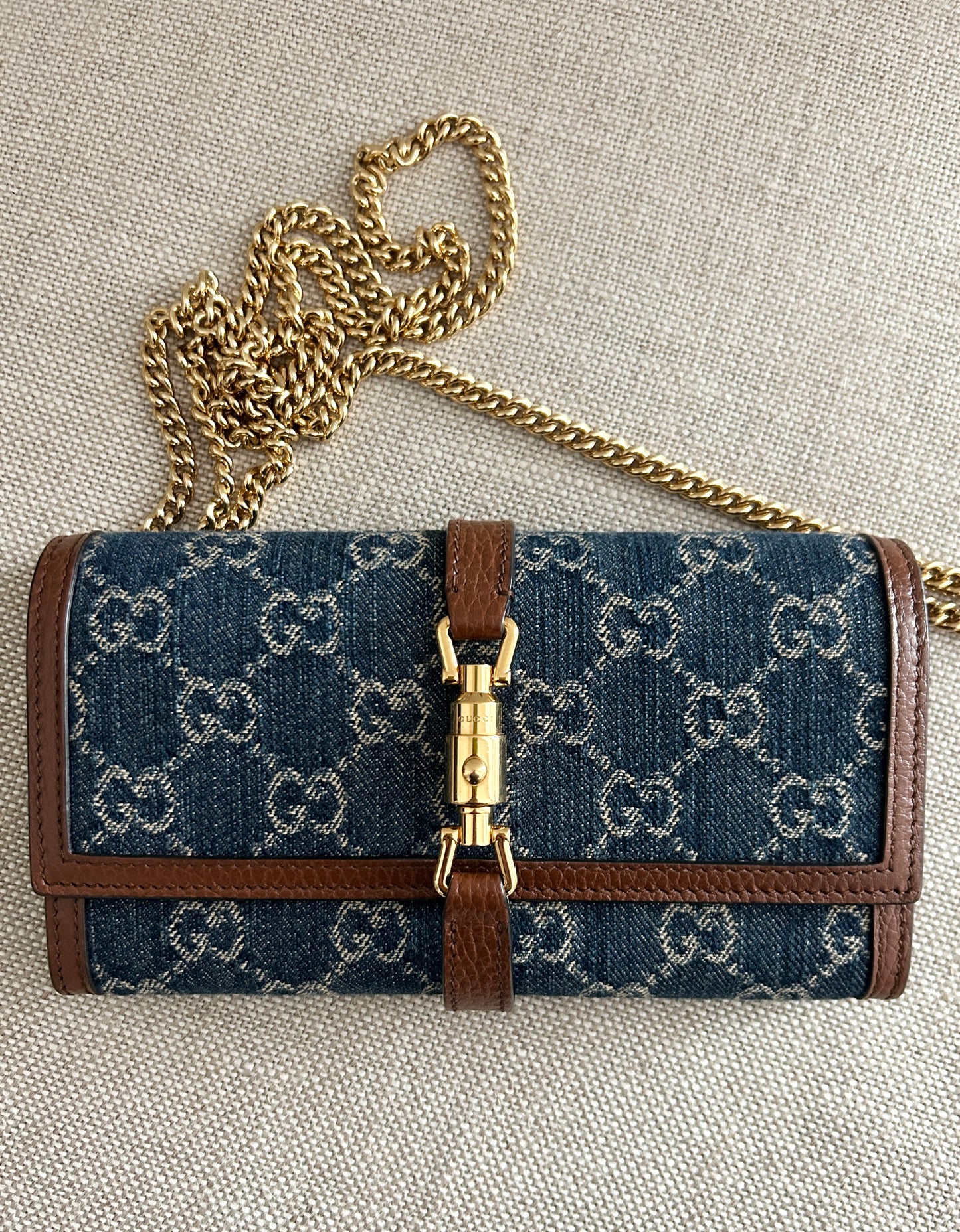 Gucci New Denim GG Monogram Jackie 1961 Chain Wallet Blue Tea Cuir