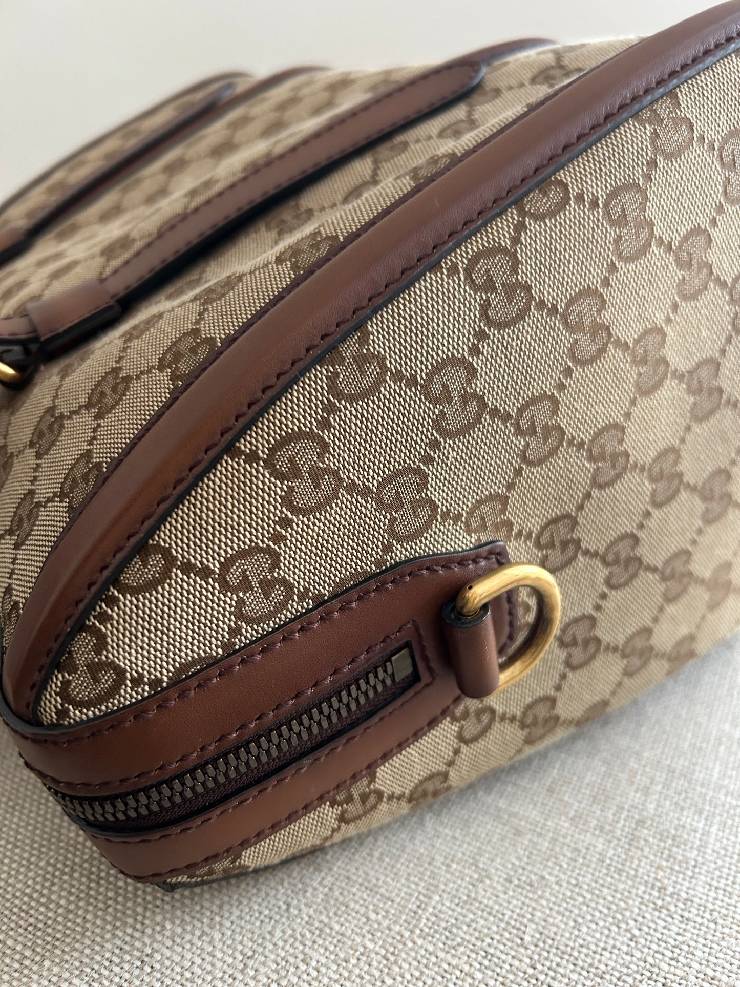 Gucci Monogram Medium Lady Web Boston Bag Beige Cuir