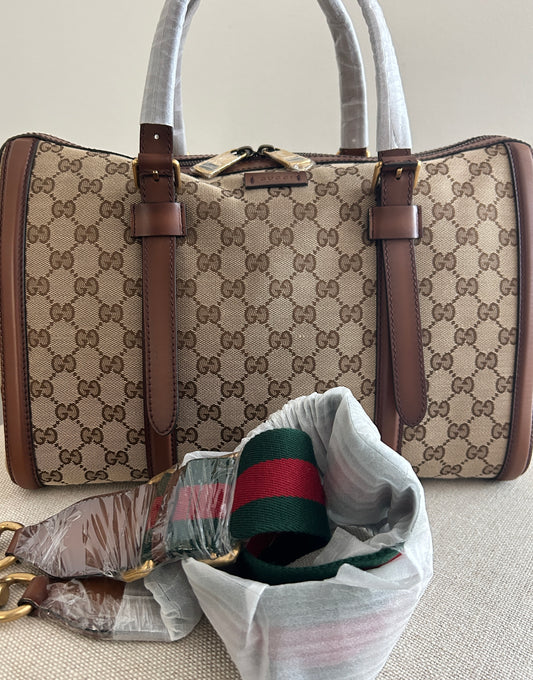 Gucci Monogram Medium Lady Web Boston Bag Beige Cuir