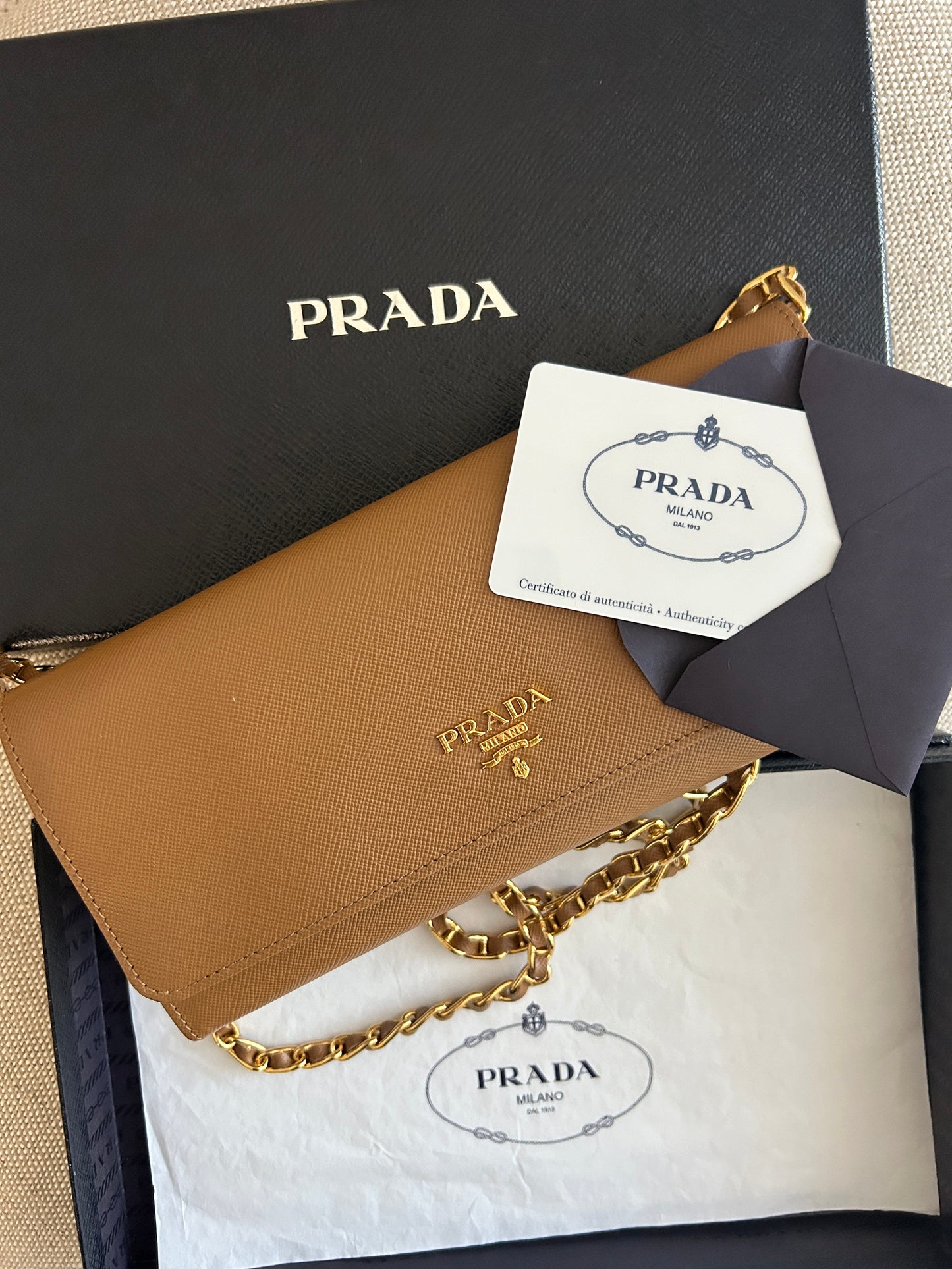 Prada Saffiano Metal Oro Chain Wallet Caramel