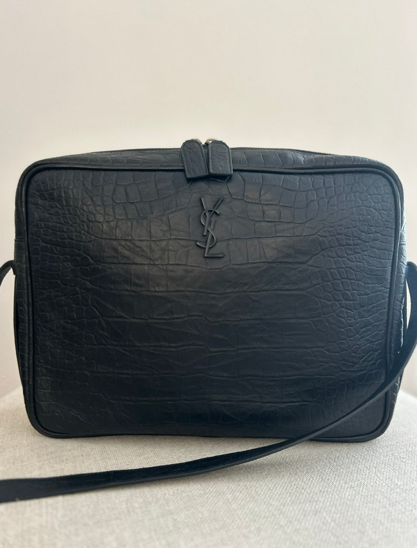 YSL Croc Embossed Crossbody Messenger -Black