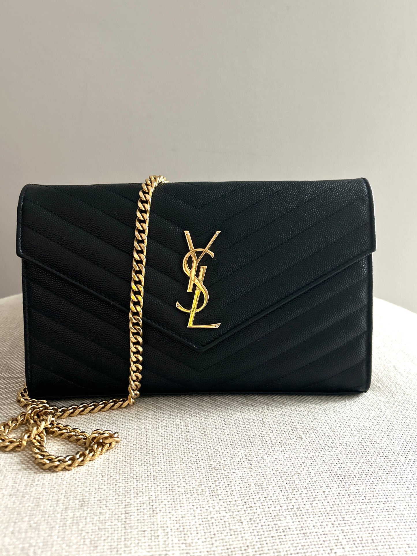 YSL Monogram Large Wallet on Chain in Grained Leather