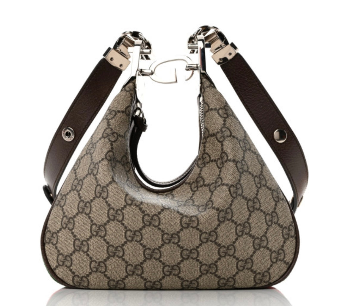 Gucci -GG Supreme Monogram Textured Calfskin Web Small Attache Shoulder Bag Beige Ebony New Acero