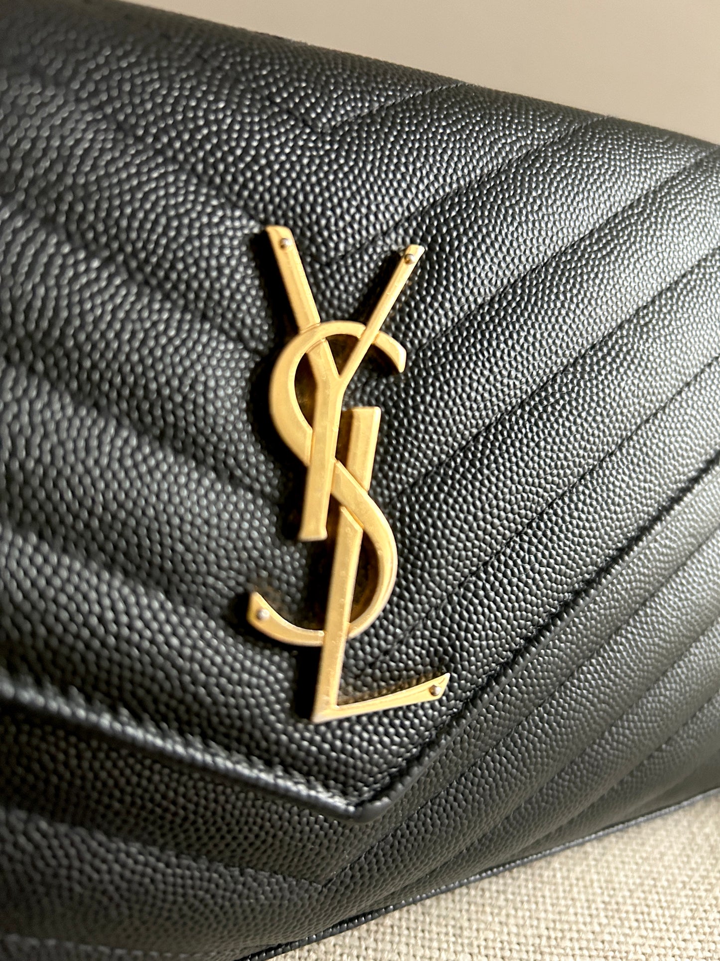 YSL Monogram Large Wallet on Chain in Grained Leather