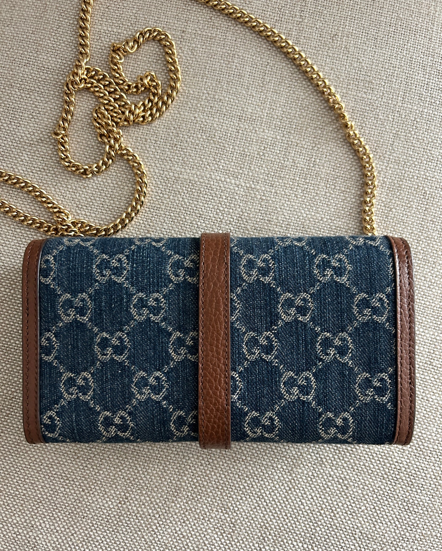 Gucci New Denim GG Monogram Jackie 1961 Chain Wallet Blue Tea Cuir