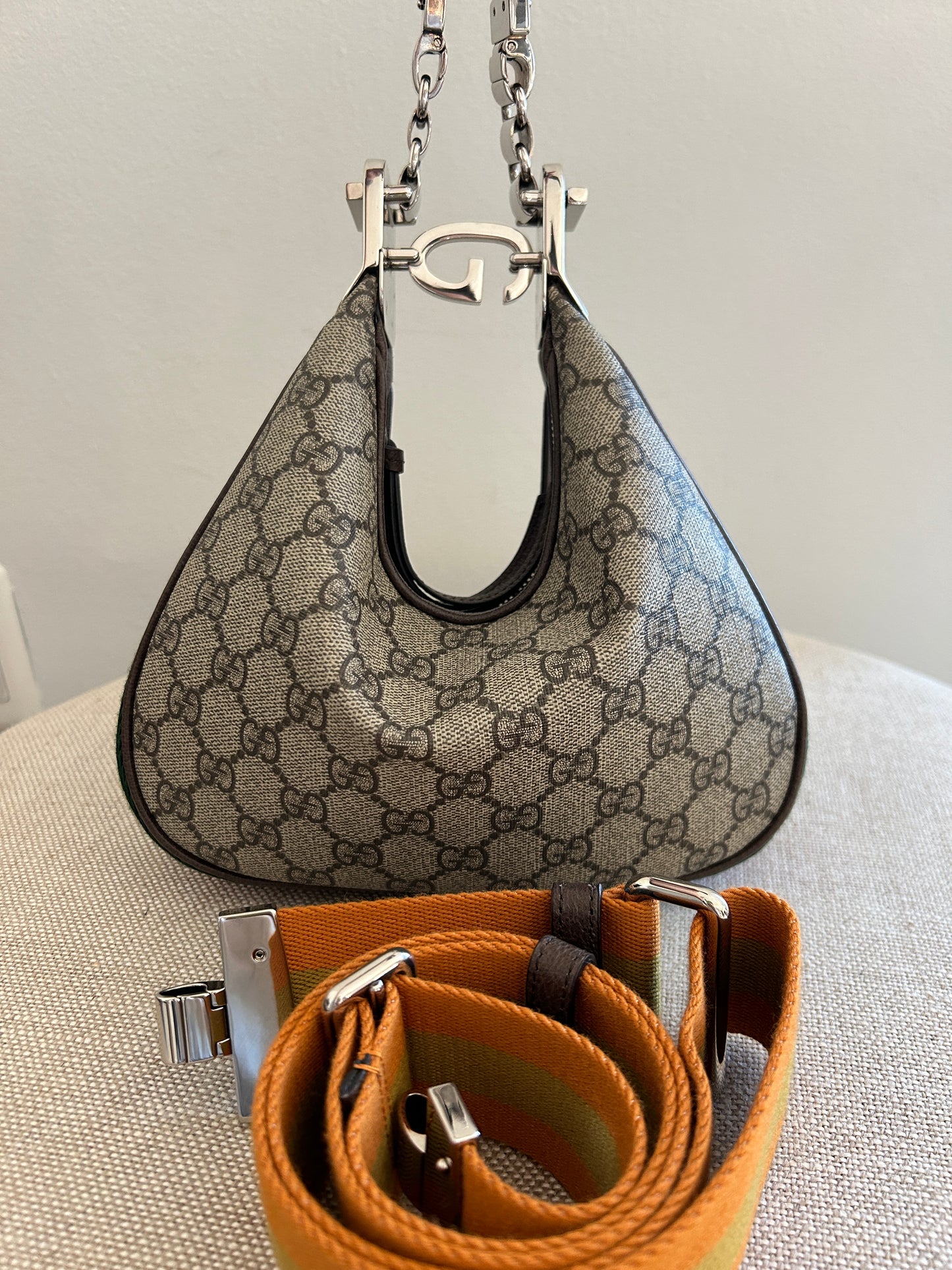 Gucci -GG Supreme Monogram Textured Calfskin Web Small Attache Shoulder Bag Beige Ebony New Acero