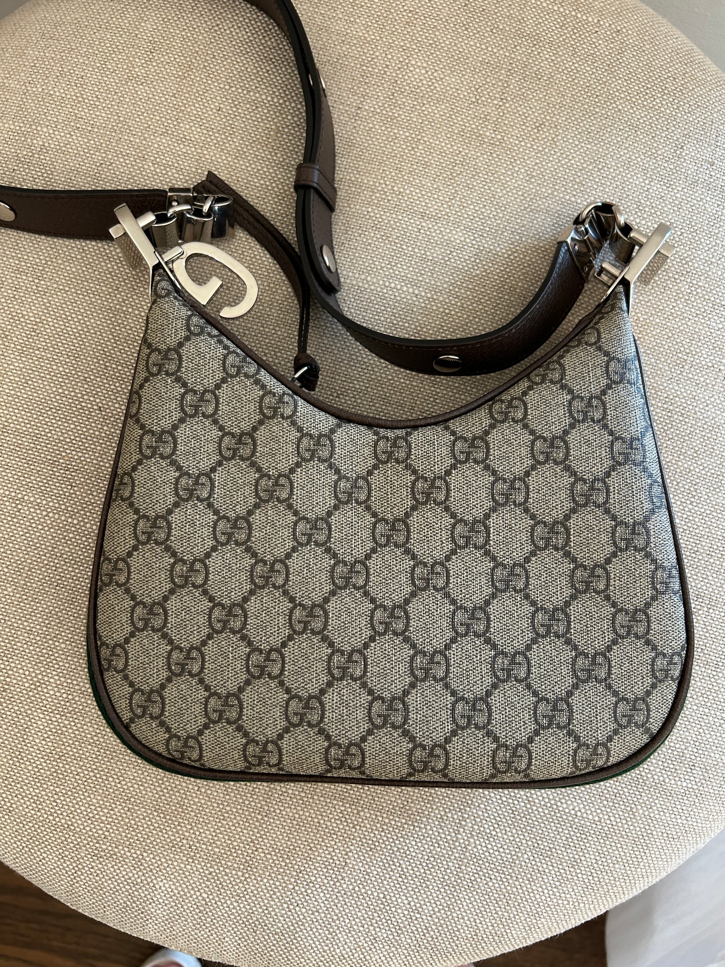 Gucci -GG Supreme Monogram Textured Calfskin Web Small Attache Shoulder Bag Beige Ebony New Acero