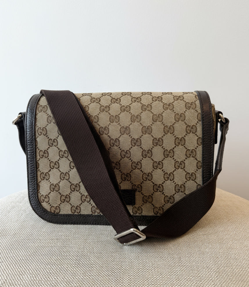 Gucci Beige GG Canvas Small Crossbody Messenger Bag Silver Hardware
